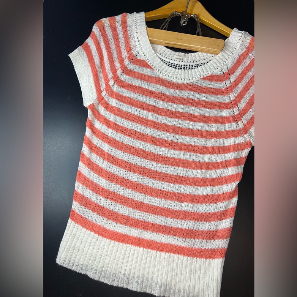 Aerie Open Knit Lightweight Sweater Short Sleeve Coral Stripe Size Small EUC
